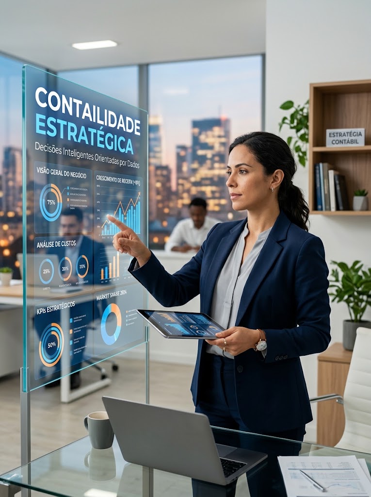 Mulher apresentando sobre contabilidade estratégica